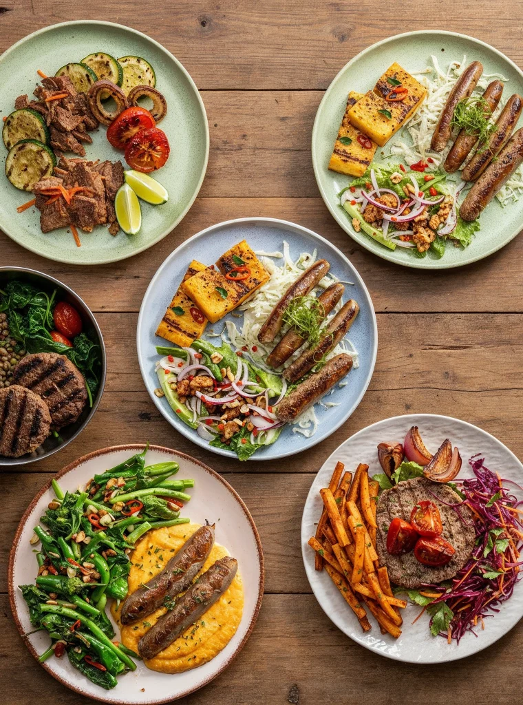 הדמייה של צלחות מונחות על שולחן עץ